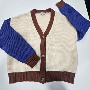 Ivory & Blue Cardigan with Brown Trim